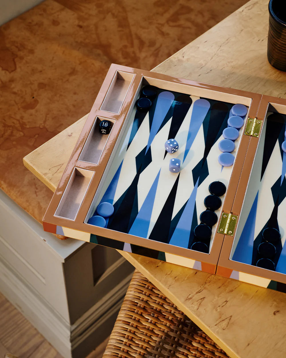 Backgammon blau/ grün/ camel in Lackbox