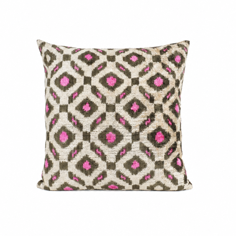 Kissen Ikat Samt pink/grün/beige 50x50cm