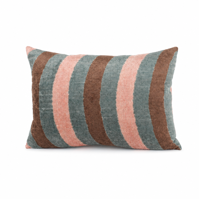 Kissen Ikat Samt Bögen blau/rosa/braun, 40x60cm