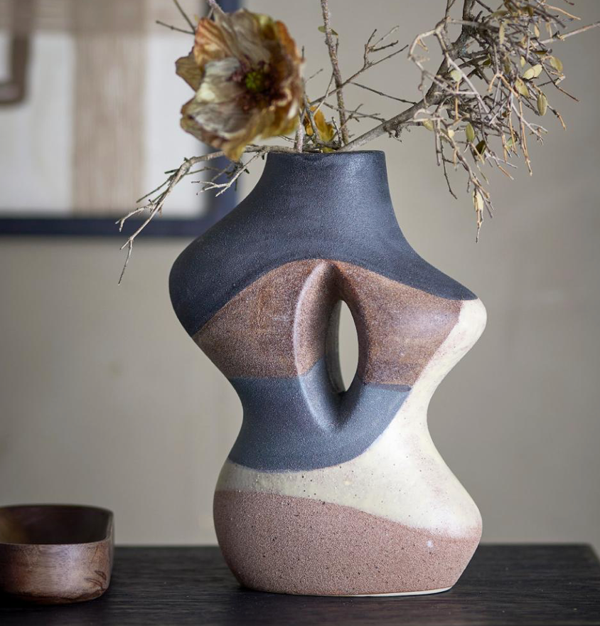 Vase Steingut organisch schwarz / braun / creme