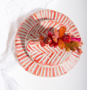Keramik Dose/ Schale mit Deckel, peach/weiß mit Perlen