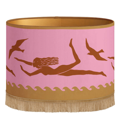 Lampenschirm mit Fransen und Motiv , oval, rosa/ Karamell