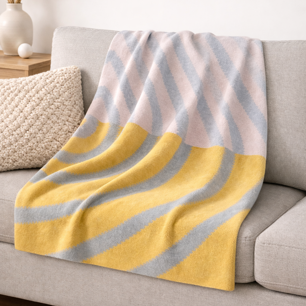 Decke Jacquard Linien , 130x200cm rosa/ grau / gelb