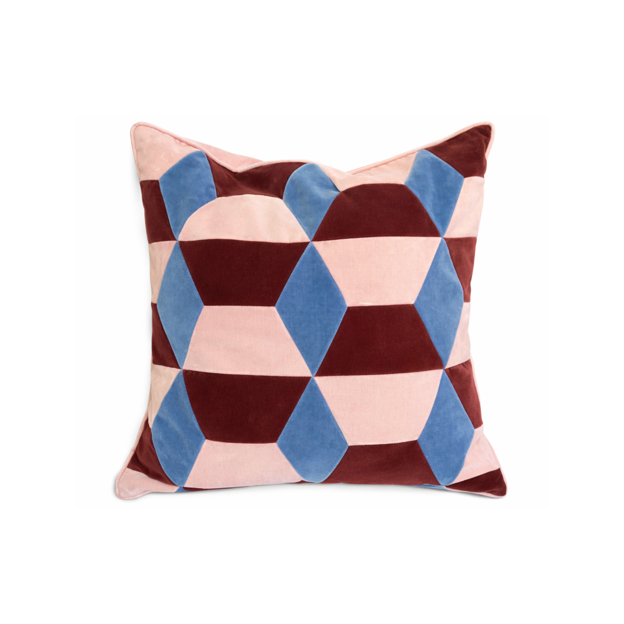 Kissen Samt Patchwork 55x55cm rosa/bordeaux/hellblau
