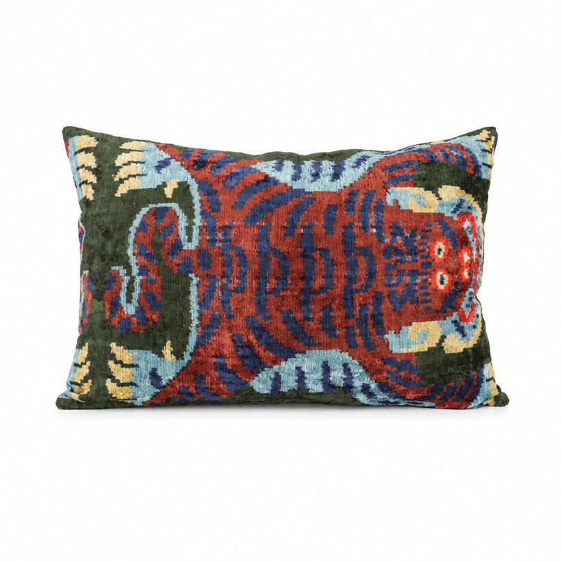 Kissen Ikat Samt liegender Tiger Khaki , 40x60cm