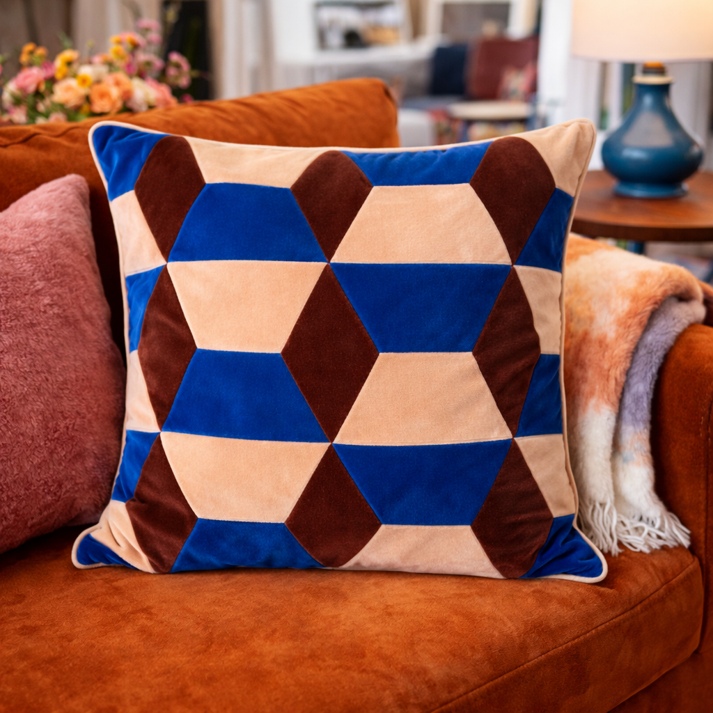 Kissen Samt Patchwork 55x55cm nude/knallblau/braun