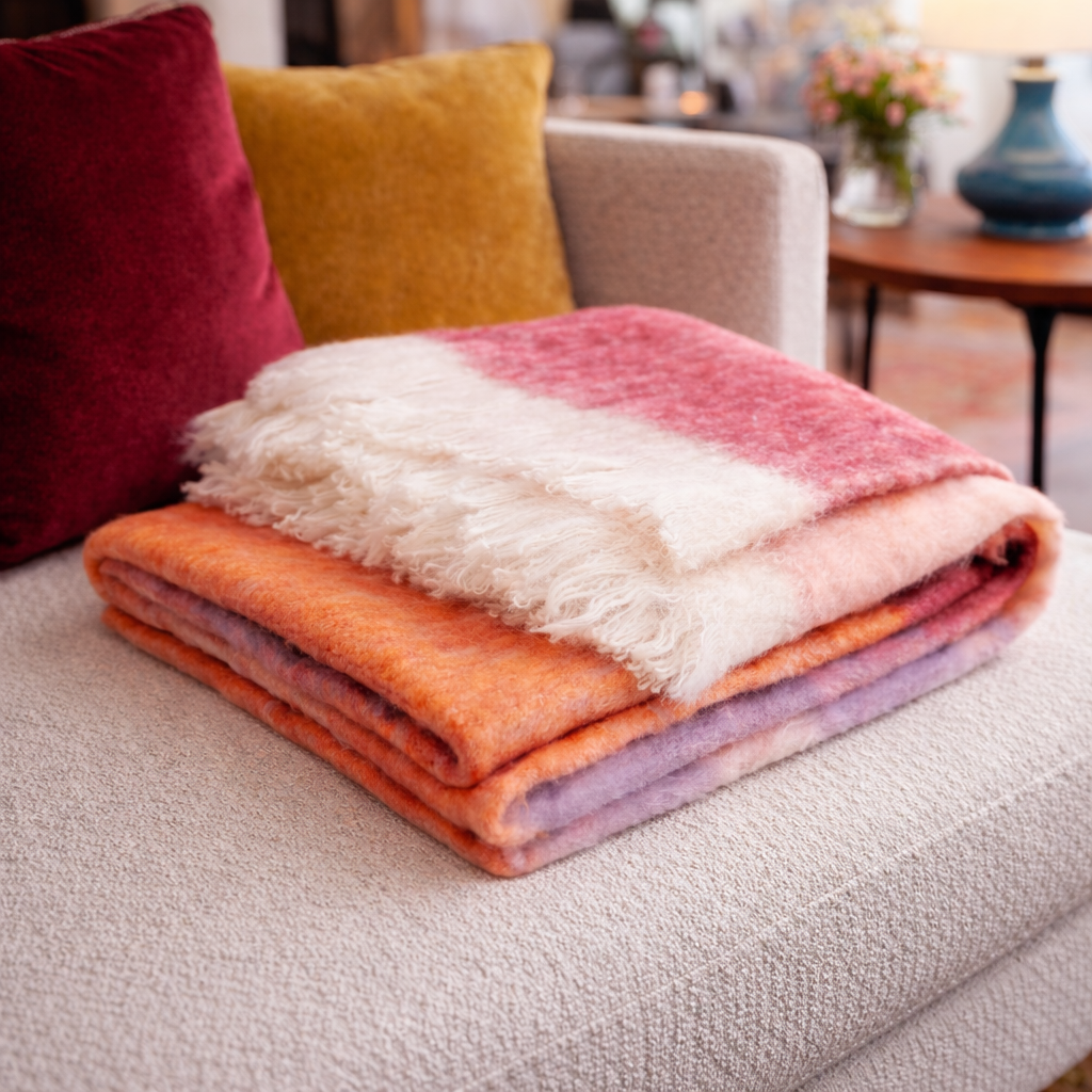 Decke gestreift mit weißen Fransen, multicolor Orange