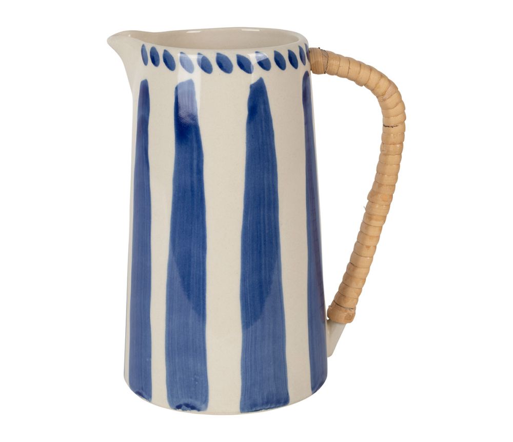 Karaffe blau weiß mit Raffiahenkel